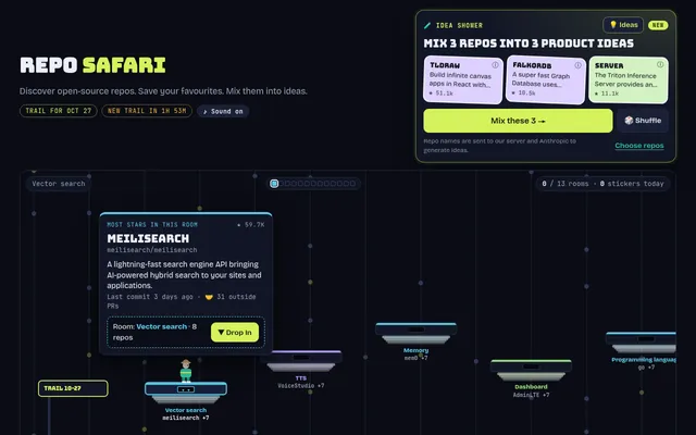 The Repo Safari trail for October 27: the explorer on the Vector search room under a Meilisearch card, with TTS, Memory, Dashboard and Programming language rooms ahead
