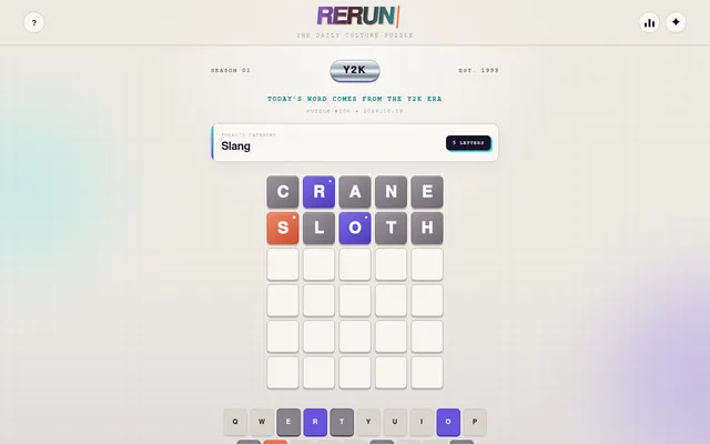 Rerun puzzle #100 on 19 Oct 2026: the Slang category with two guesses, CRANE and SLOTH, marked in purple, orange and grey tiles above the keyboard