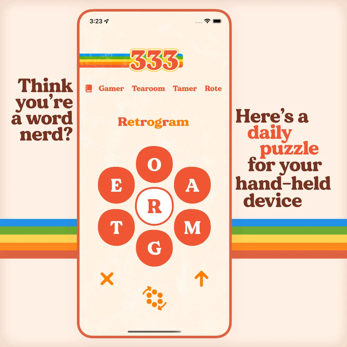 Retrogram's Spellotron board on an iPhone: seven orange letter circles with R in the middle, a score of 333 on a rainbow stripe and found words above