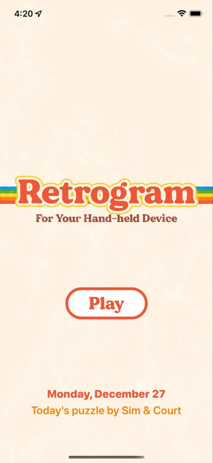 The Retrogram home screen with its rainbow logo, a Play button and Monday, December 27, today's puzzle by Sim and Court