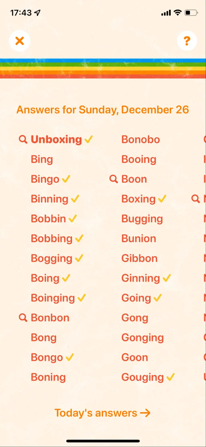 Retrogram's answer list for Sunday, December 26, with found words ticked