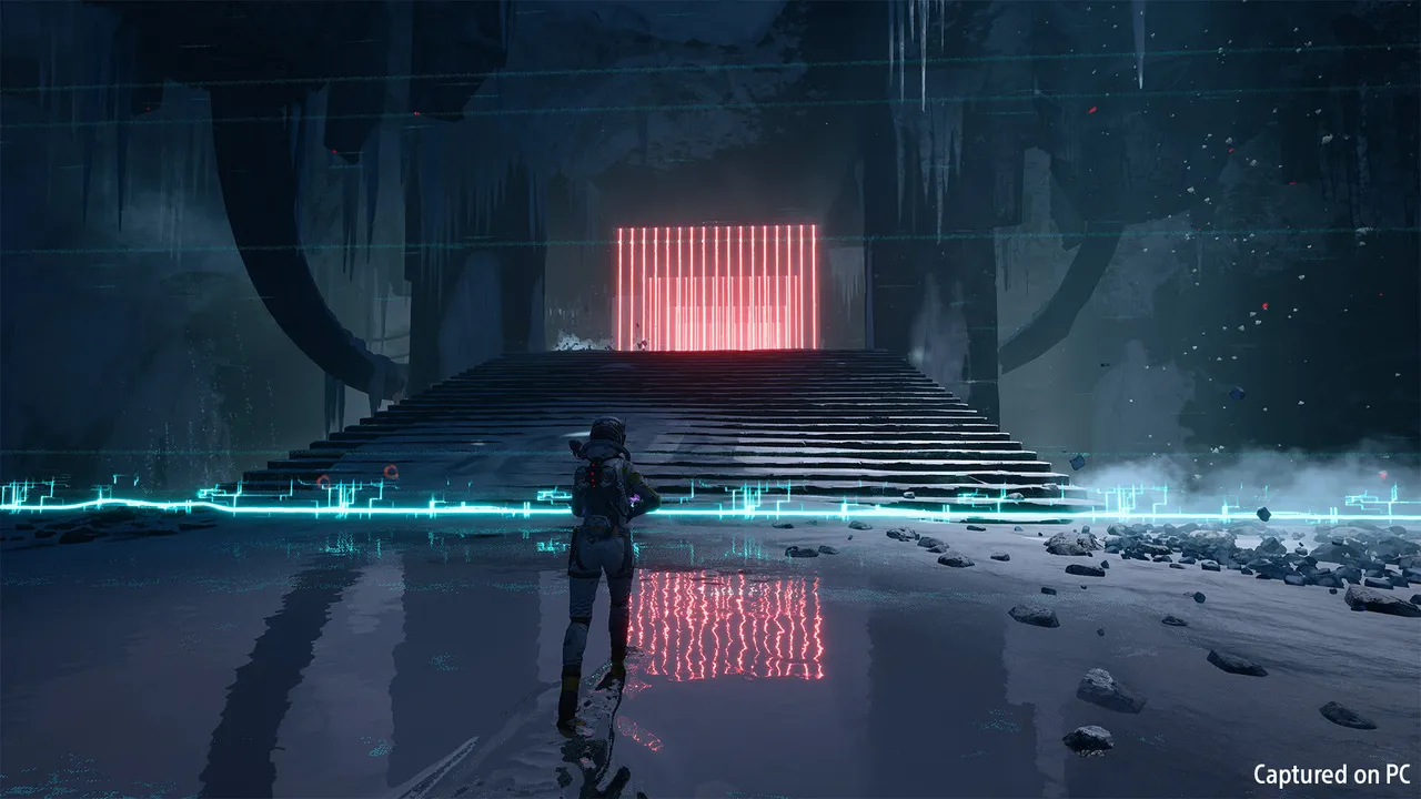 Returnal: Selene walking toward a red-lit gateway at the top of wide stone steps in a frozen biome