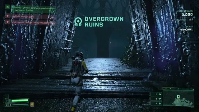 Returnal Daily Challenge run: Selene entering the Overgrown Ruins with the day's modifiers listed top left and her current score and multiplier top right