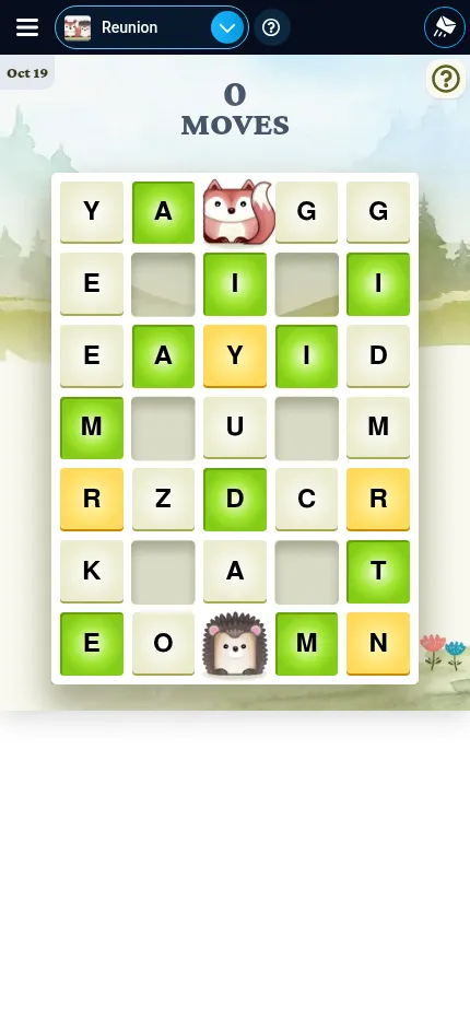 Reunion on a phone: the 19 October 2026 grid of scrambled letters with the fox and hedgehog tiles, shown at phone size