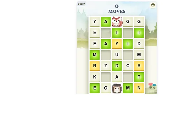 Reunion board for 19 October 2026 at the start: a seven-row letter grid with green and yellow tiles, a fox tile at the top and a hedgehog tile at the bottom, 0 moves