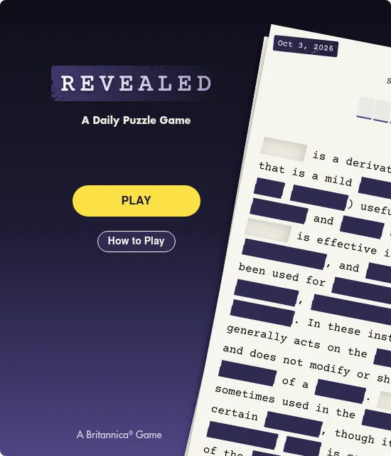 Revealed's start screen for Oct 3, 2026: the Revealed title and Play button beside a tilted article page with most of its words blacked out