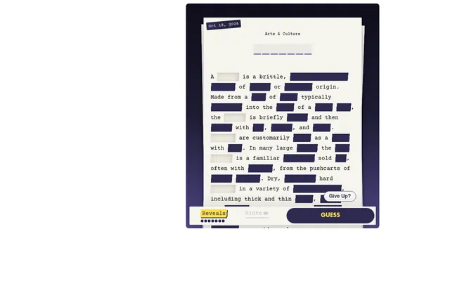 Revealed's puzzle for Oct 18, 2026 (Arts & Culture): a Britannica article with its key words in dark blocks, seven empty title boxes, and Reveals, Hints and Guess below