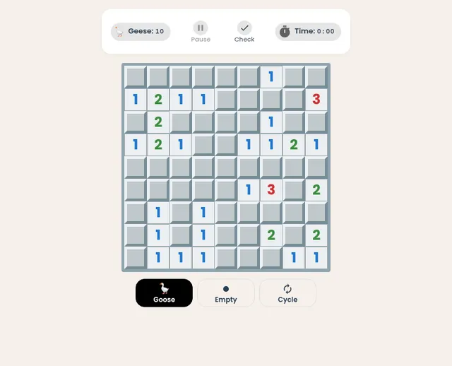 Today's Reverse Sweeper board: a 9 by 9 grid of number clues and grey cells, with 10 geese to place and the Goose, Empty and Cycle tools