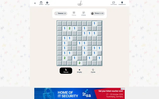 Reverse Sweeper's 17 October board: a 9 by 9 grid of number clues with 10 geese to place, the timer, and the Goose, Empty and Cycle tools below