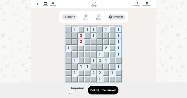 Reverse Sweeper daily board: a 9x9 grid of grey cells and number clues with a geese counter of 10 and a timer