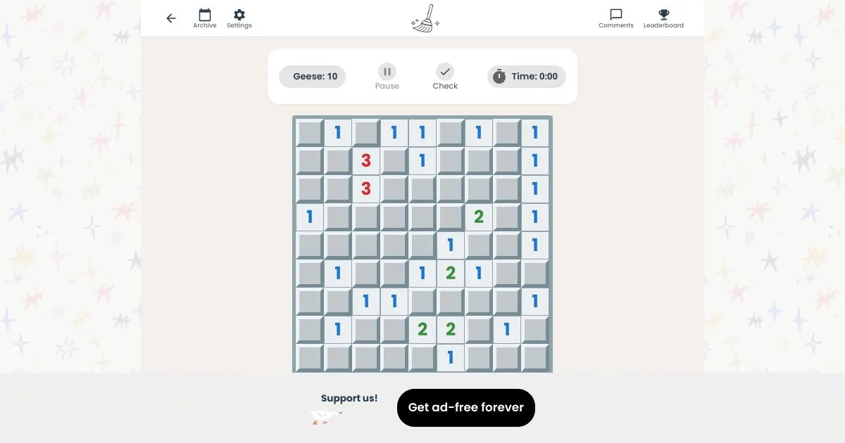 Reverse Sweeper daily board: a 9x9 grid of grey cells and number clues with a geese counter of 10 and a timer