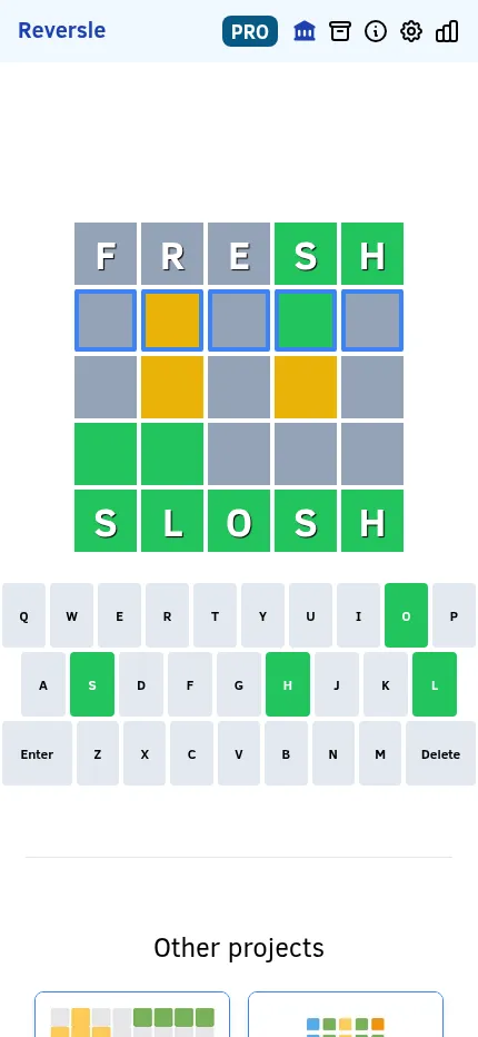Reversle at phone size: the SLOSH puzzle with FRESH in the first row and the on-screen keyboard below the board