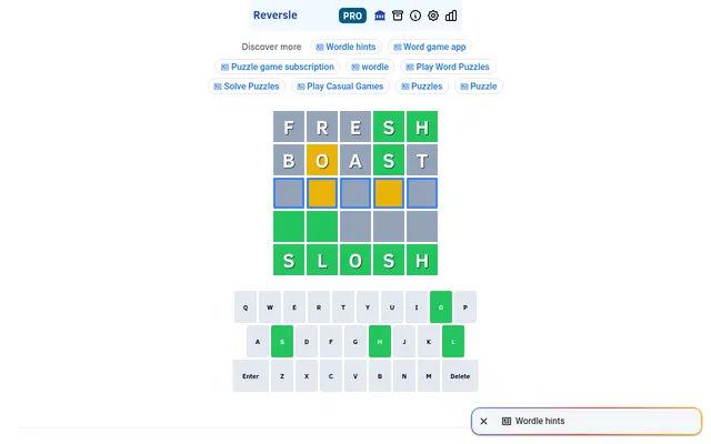 Reversle's board for 20 October 2026: the answer SLOSH in the bottom row, FRESH and BOAST filled in to match their colours, two pattern rows still to solve