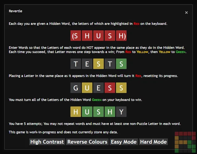 Revertle's rules: the Hidden Word SHUSH in red, example guesses TESTS, GUESS and HUSHY with red, yellow and green letters