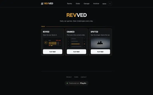 The REVVED home page with today's three car games: Revved's engine sound player, Cranked's five-car ranking list and Spotted's car silhouette
