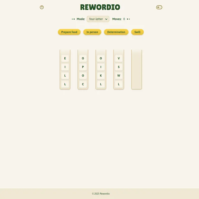 Rewordio in four-letter mode with a Moves counter at 0, clue chips reading Prepare food, In person, Determination and Swill, and four columns of scrambled letter tiles plus one empty column to sort th