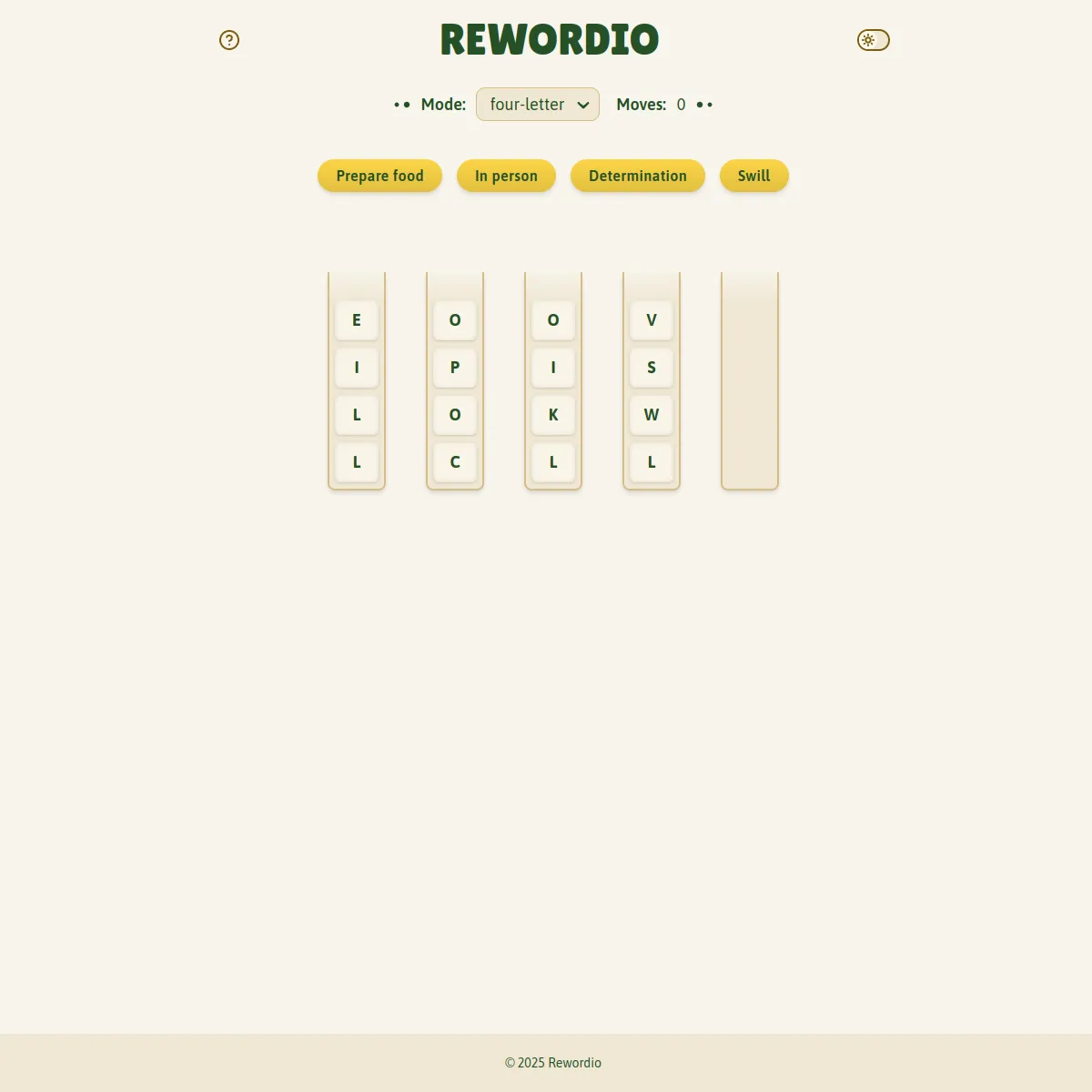Rewordio in four-letter mode with a Moves counter at 0, clue chips reading Prepare food, In person, Determination and Swill, and four columns of scrambled letter tiles plus one empty column to sort th