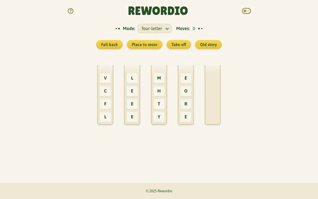 Rewordio four-letter board for 20 October 2026: clues Fall back, Place to moor, Take off and Old story above four scrambled tile columns and one empty column, Moves 0
