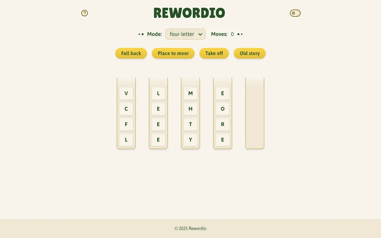Rewordio four-letter board for 20 October 2026: clues Fall back, Place to moor, Take off and Old story above four scrambled tile columns and one empty column, Moves 0