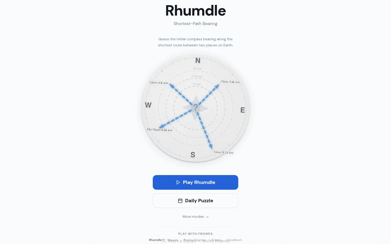 Rhumdle home screen: a compass with dashed arrows to Paris, Cairo, Sao Paulo and Tokyo, and buttons for Play Rhumdle and Daily Puzzle