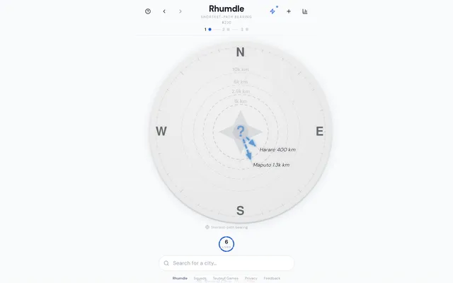 Rhumdle Daily Puzzle #230, stage 1: a compass with arrows from the hidden city to Harare 400 km and Maputo 1.3k km, six lives and a city search box