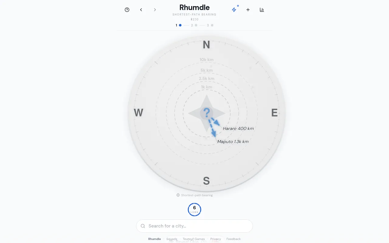 Rhumdle Daily Puzzle #230, stage 1: a compass with arrows from the hidden city to Harare 400 km and Maputo 1.3k km, six lives and a city search box