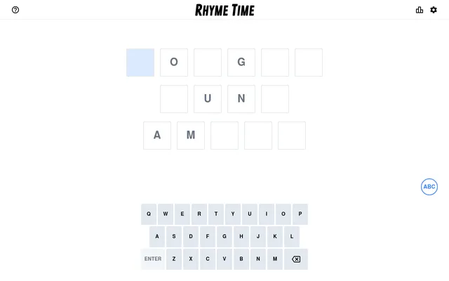Today's Rhyme Time board on a desktop: three rows of letter tiles with a few letters shown (O and G, U and N, A and M) above an on-screen keyboard