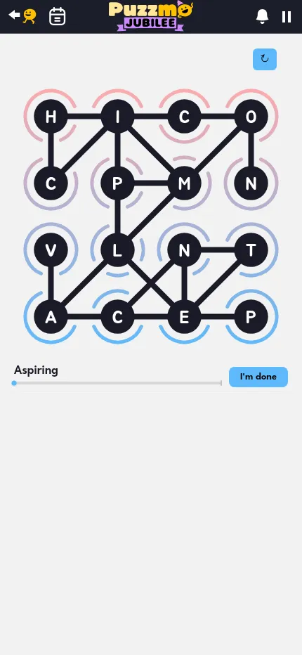 Ribbit at phone size on Oct 27, 2026: the 4 by 4 letter grid with its connecting lines fills the screen width above the progress bar
