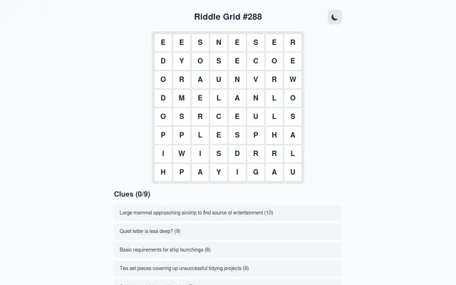 Riddle Grid #288 on 21 October 2026: today's 8 by 8 letter grid above the first cryptic clues, such as Quiet letter is less deep? (9), none solved yet