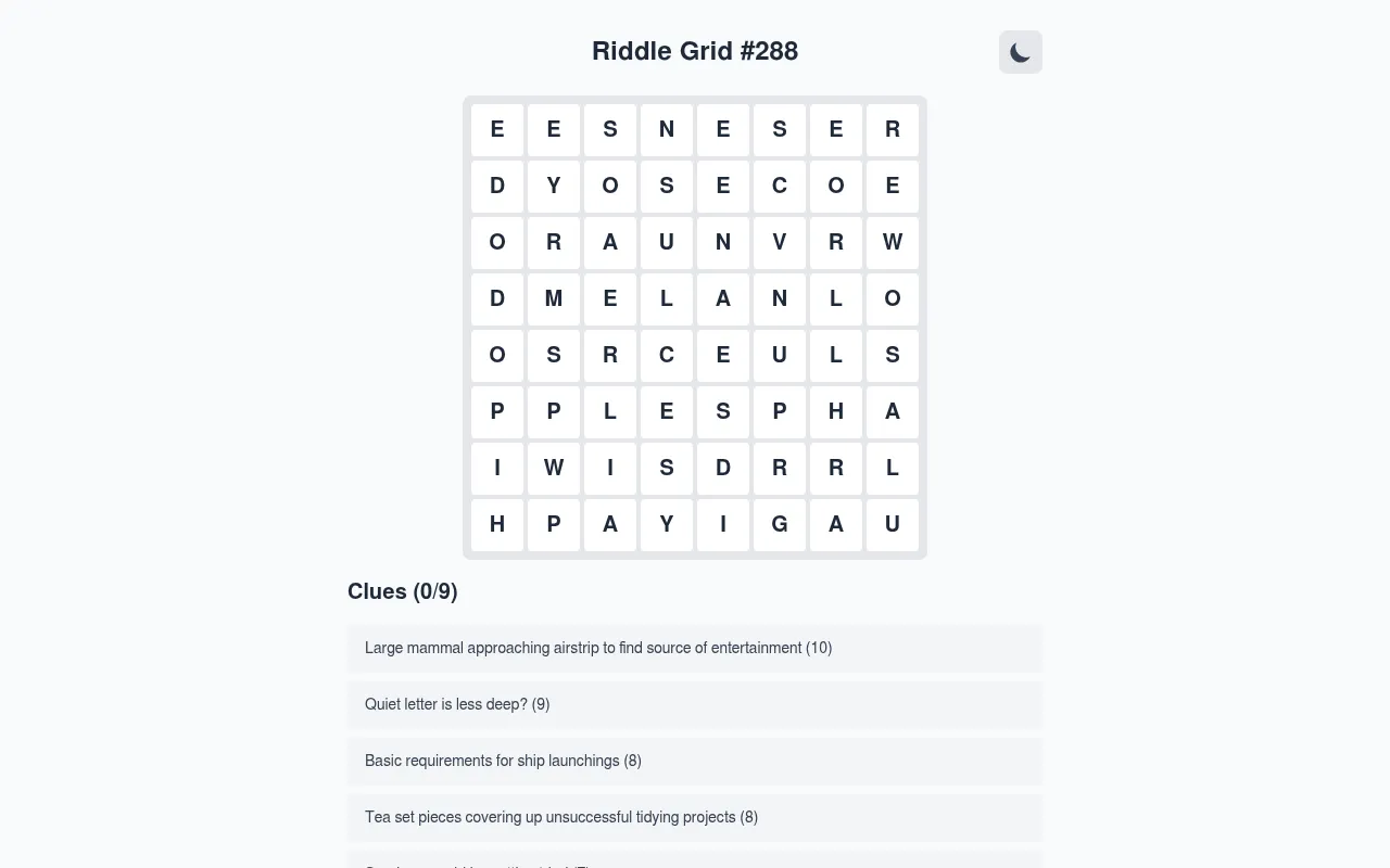 Riddle Grid #288 on 21 October 2026: today's 8 by 8 letter grid above the first cryptic clues, such as Quiet letter is less deep? (9), none solved yet