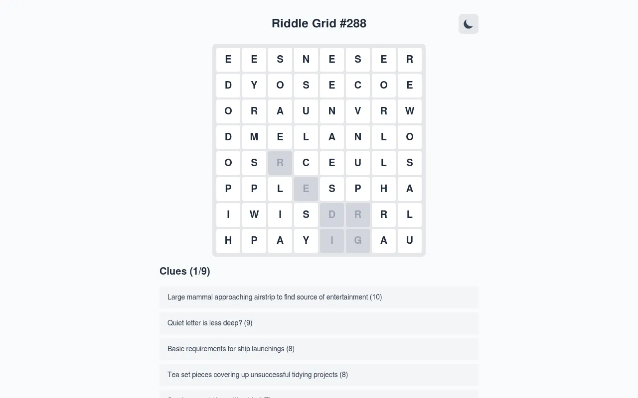 Riddle Grid #288 with one answer found: its six traced letters greyed out in the grid and the clue count at 1 of 9