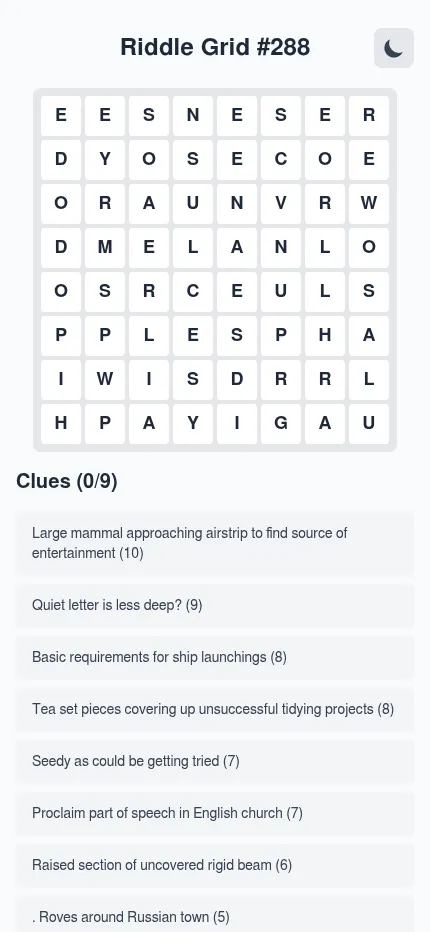 Riddle Grid #288 at phone size: the 8 by 8 letter grid fills the width, with the list of cryptic clues and answer lengths below it
