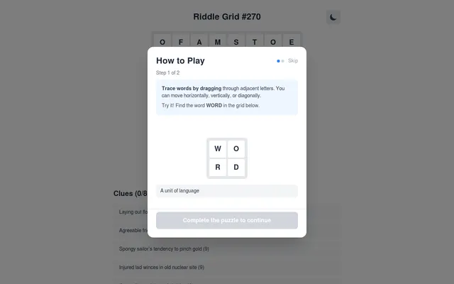 Riddle Grid #270 with its How to Play tutorial open over the letter grid and the list of cryptic clues, such as Spongy sailor's tendency to pinch gold (9); the tutorial asks you to trace WORD in a sma