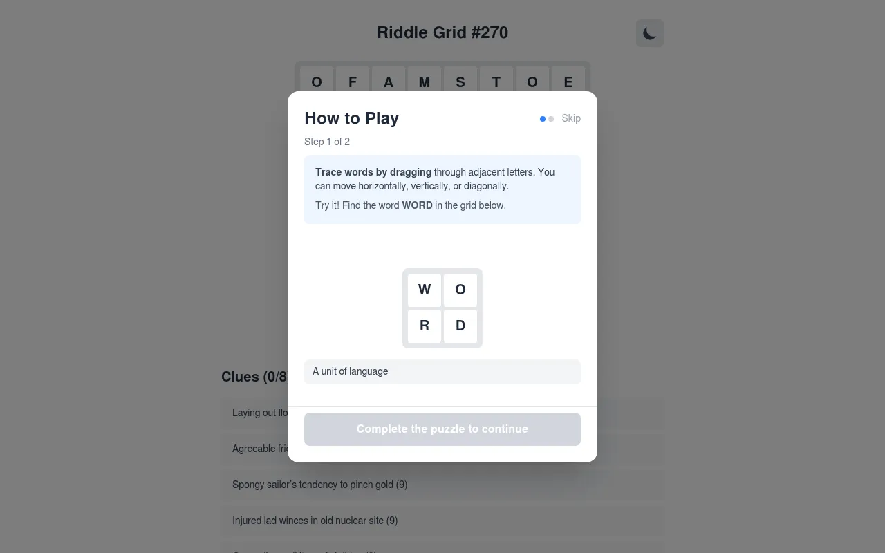 Riddle Grid #270 with its How to Play tutorial open over the letter grid and the list of cryptic clues, such as Spongy sailor's tendency to pinch gold (9); the tutorial asks you to trace WORD in a sma