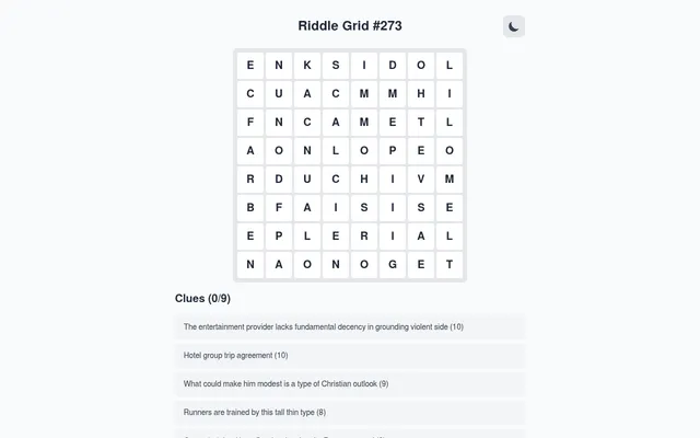 Riddle Grid #273: an 8 by 8 grid of letters above the list of nine cryptic clues, such as Hotel group trip agreement (10), none solved yet