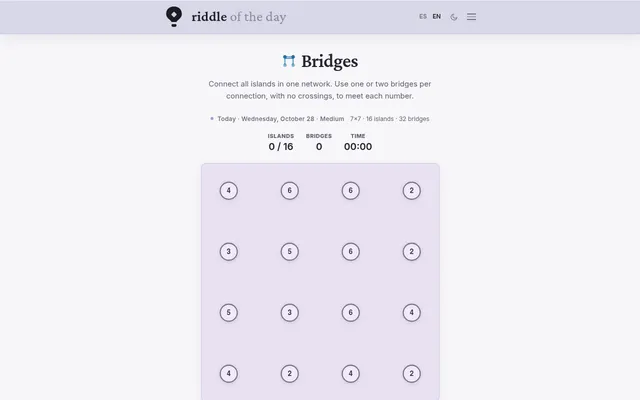 The Riddle of the Day Bridges board for Wednesday, October 28, Medium: sixteen numbered islands on a 7x7 grid, no bridges drawn yet