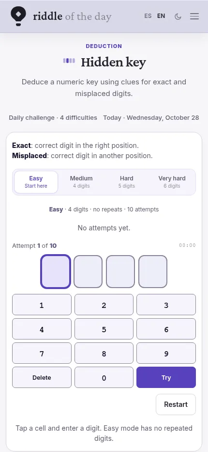 Hidden key at phone size for October 28: four digit boxes, a number pad, Try and Restart, with 10 attempts on Easy