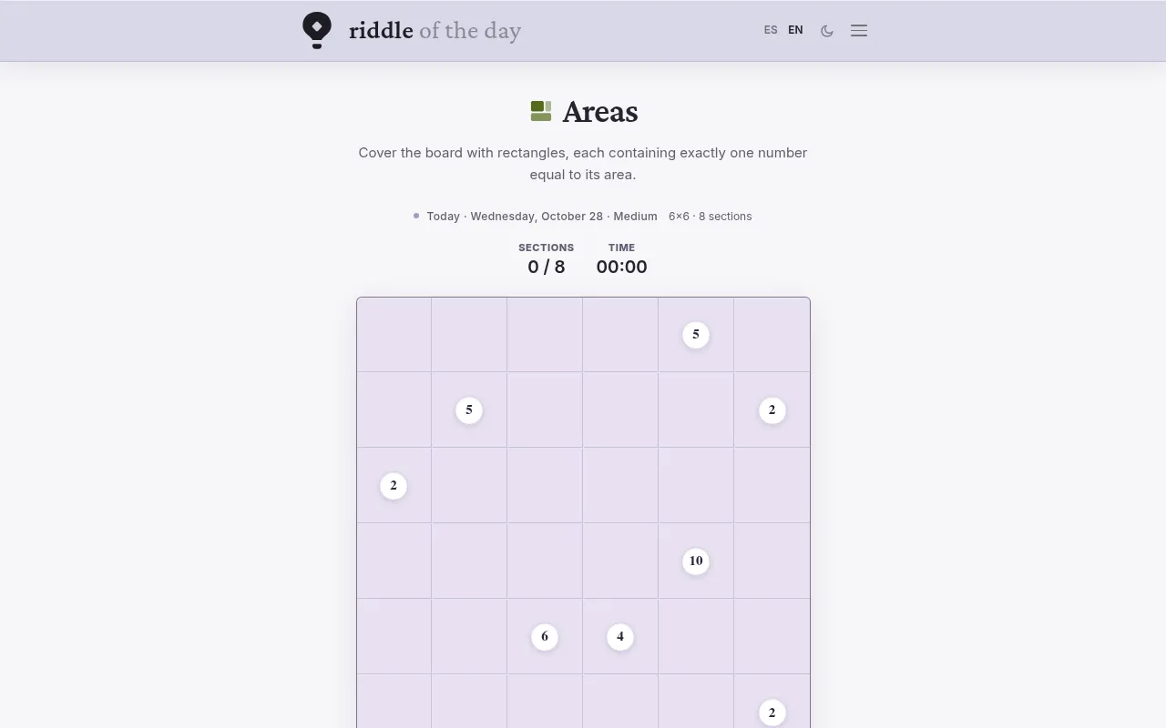 The Riddle of the Day Areas board for Wednesday, October 28, Medium: a 6x6 grid with eight numbers to split into rectangles