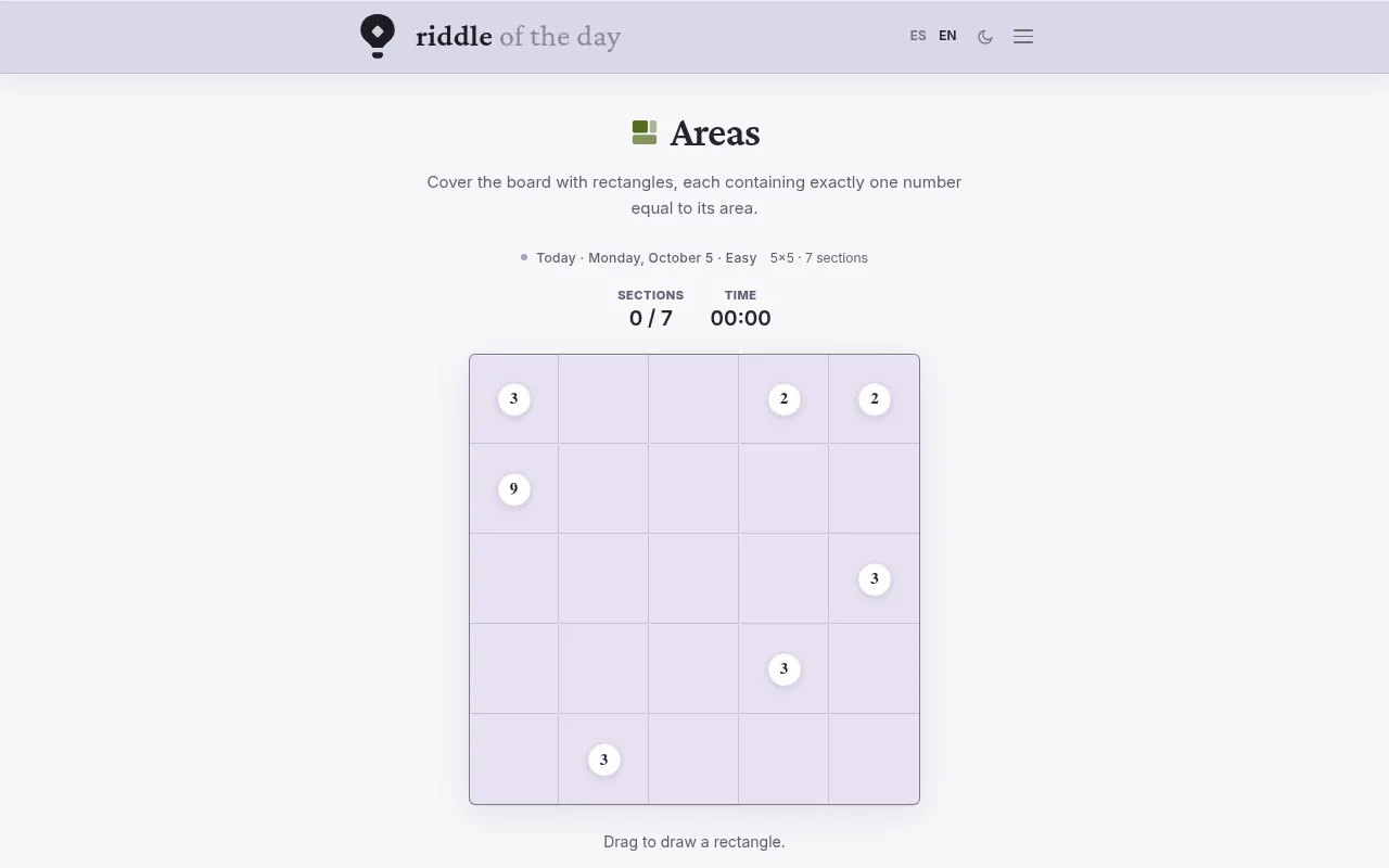 The Riddle of the Day Areas board for Monday, October 5, Easy: a 5x5 grid with numbers 3, 2, 2, 9, 3, 3 and 3 to split into rectangles