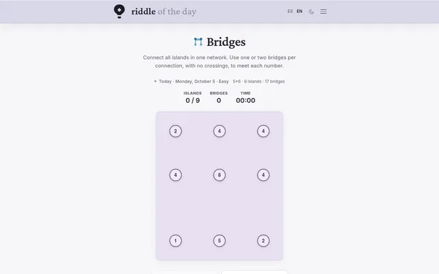 The Riddle of the Day Bridges board for Monday, October 5, Easy: nine numbered islands on a 5x6 grid