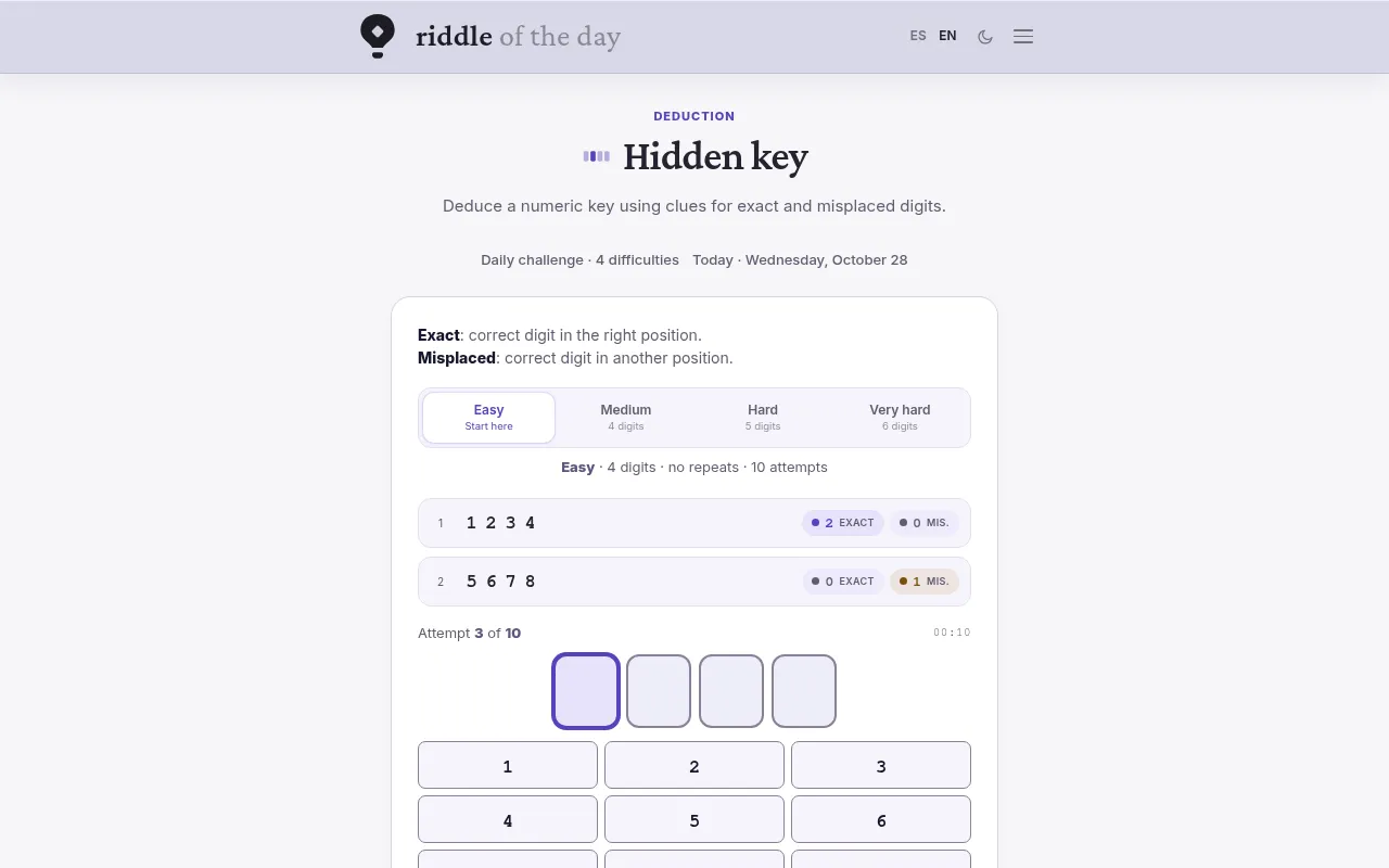 Hidden key on Easy for October 28 after two guesses: 1234 scores 2 exact, 5678 scores 1 misplaced, with attempt 3 of 10 ready