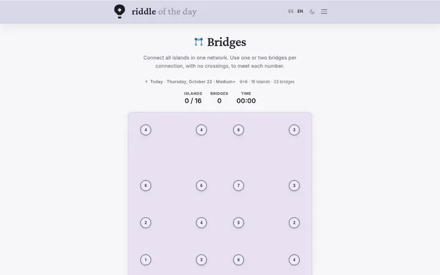 The Riddle of the Day Bridges board for Thursday, October 22, Medium+: sixteen numbered islands on a 9x8 grid, no bridges drawn yet