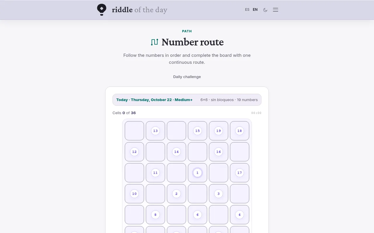 The Riddle of the Day Number route board for Thursday, October 22: a 6x6 grid with 19 numbers to join in order with one path