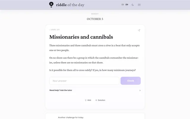 Riddle of the Day for Monday, October 5: the level 2 riddle Missionaries and cannibals, with an answer box, a Check button and Hint and Solution links