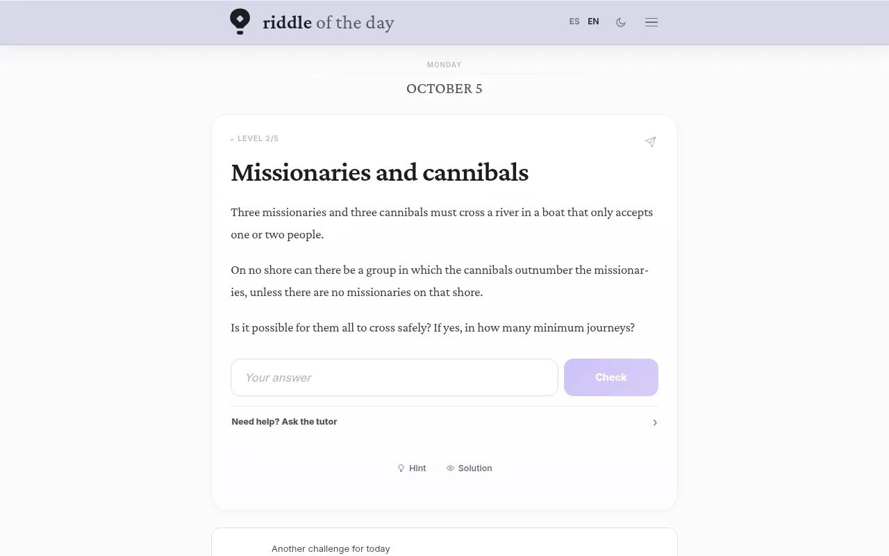 Riddle of the Day for Monday, October 5: the level 2 riddle Missionaries and cannibals, with an answer box, a Check button and Hint and Solution links