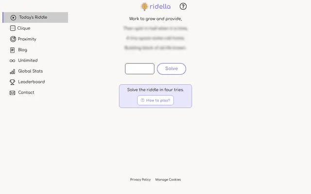 Ridella's riddle for 18 October 2026, its first line showing and the next three blurred, above the answer box and Solve button