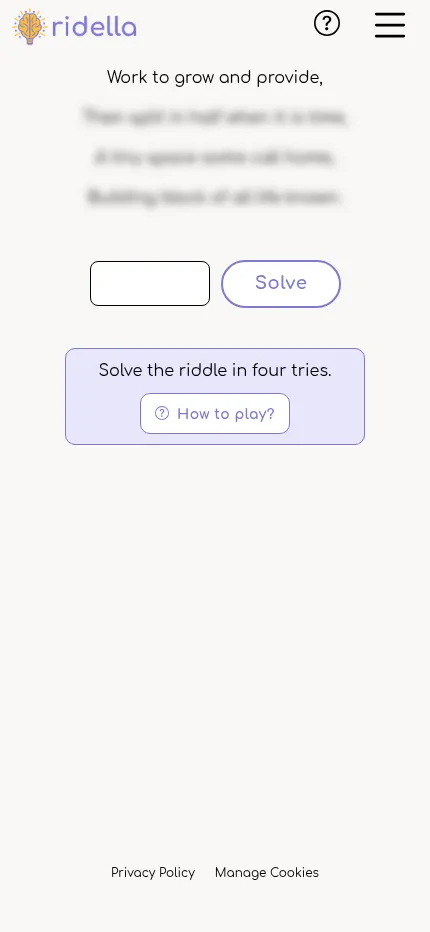 Ridella's daily riddle on a phone-sized screen, first line showing above the answer box