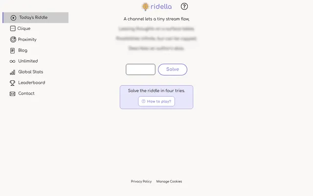 Ridella's daily riddle with its first line showing and the next three lines blurred, above an answer box and a Solve button