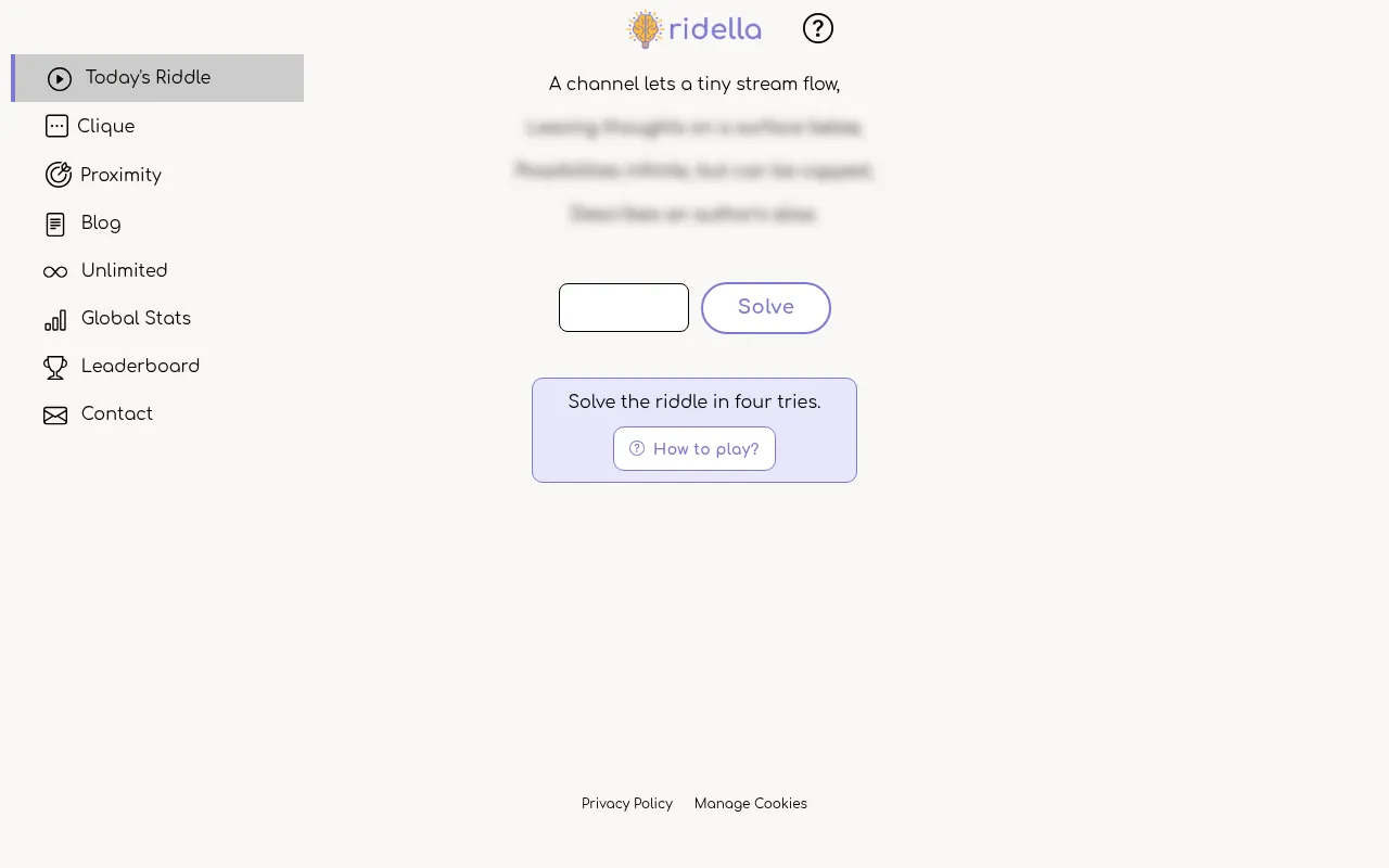 Ridella's daily riddle with its first line showing and the next three lines blurred, above an answer box and a Solve button