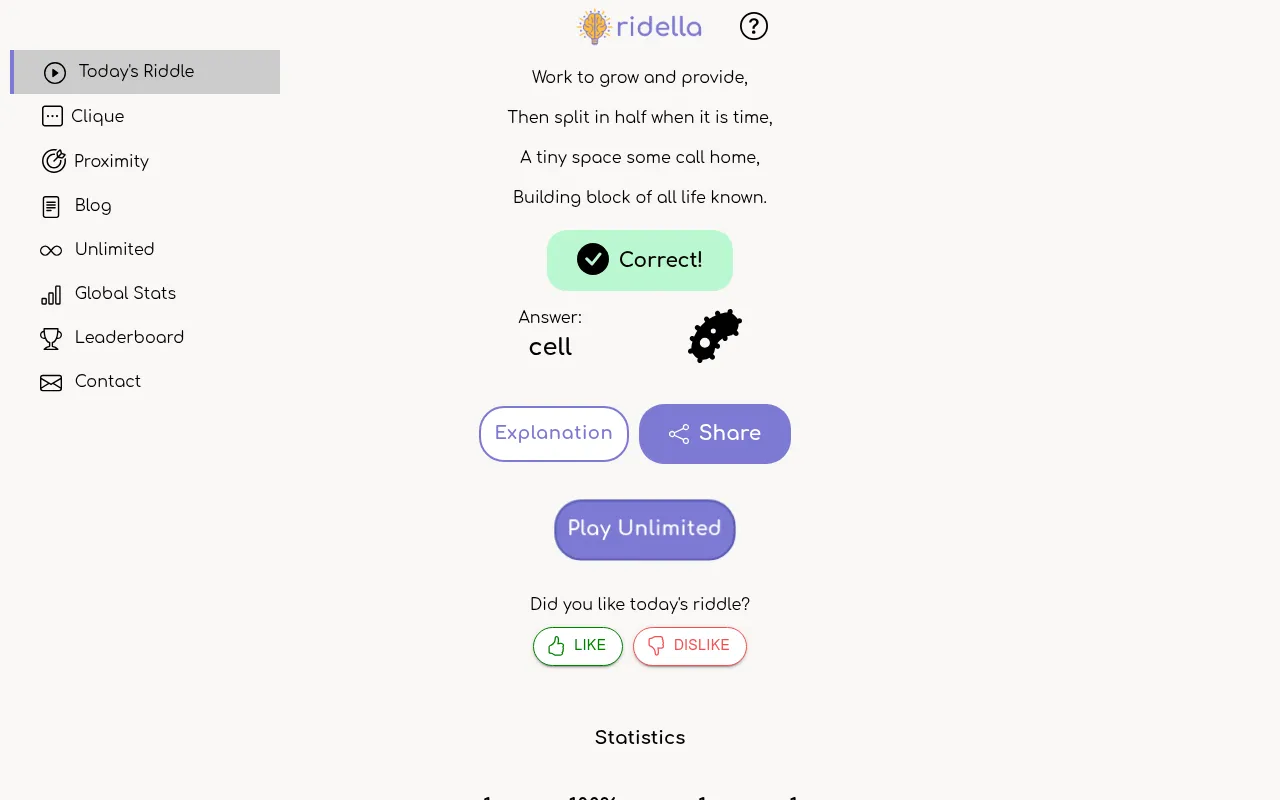 Ridella's riddle solved, all four lines showing, with the answer, Explanation, Share and Play Unlimited buttons